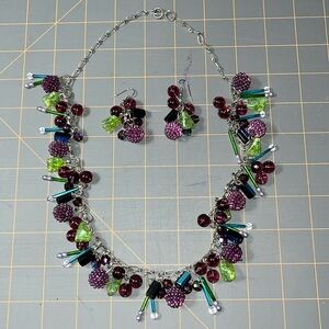 Vintage beaded purple green necklace earring set